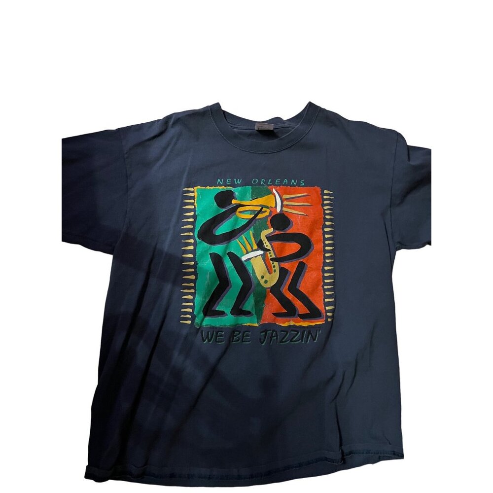 New Orleans Graphic T-Shirt We Be Jazzin Navy Blue 100% Cotton Short Sleeve